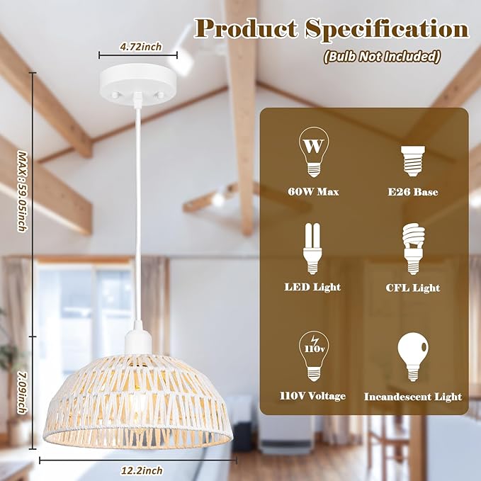Rattan Pendant Light Fixtures 2 Packs, White Boho Woven Basket Pendant Light, Handmade Wicker Hanging Lamp, Rattan Chandelier for Kitchen Island, Dining Room, Living Room, Bedroom, E26 Base