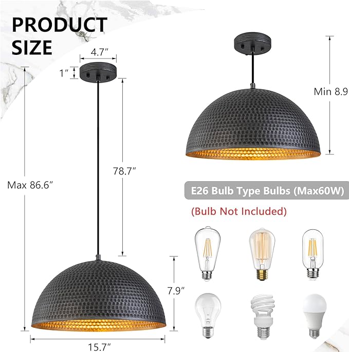 15.7" Farmhouse Pendant Lights Kitchen Island,Black and Silver Hammered Large Industrial Chandelier,Adjustable Metal Dome Pendant Lights for Dining Room,Bedroom,Hallway