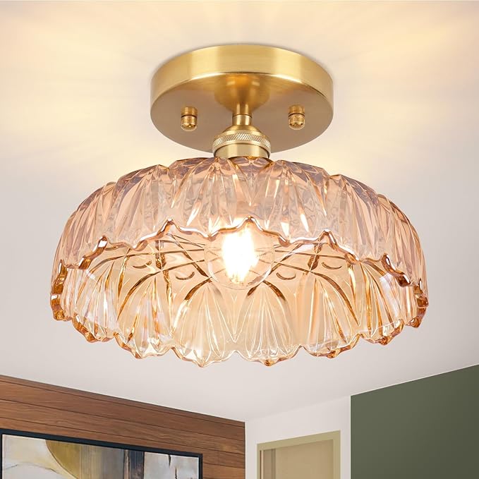 Hallway Lights Fixture Ceiling,Amber Semi Flush Mount Ceiling Lights,9.4" Flower Light E26 Vintage Light Fixtures for Closet Hallway Kitchen Dining Room