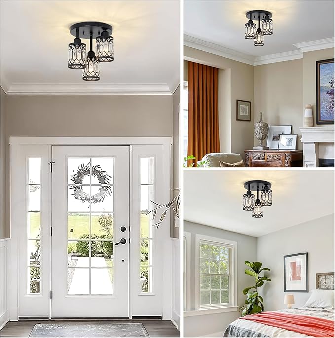 Semi Flush Mount Ceiling Light,3-Light Modern Crystal Close to Ceiling Light Fixtures, Black Kitchen Light Fixtures with Clear Crystal Shade,Hallway Light Fixtures for Hallway Bedroom Bathroom