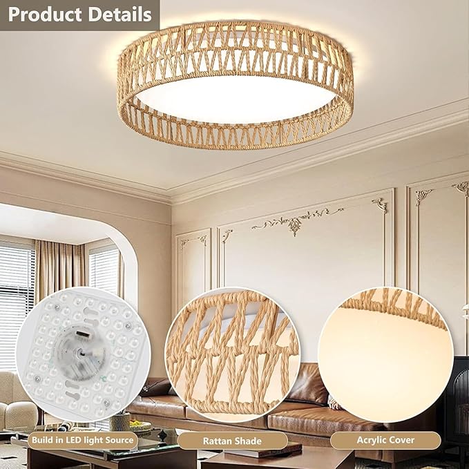 LED Rattan Flush Mount Ceiling Light Fixture, Boho Light Fixtures Ceiling 16.9 inch, 24W Dimmable Rattan Ceiling Light 5CCT 3000K-6000K for Hallway Bedroom Kitchen Entryway Living Room
