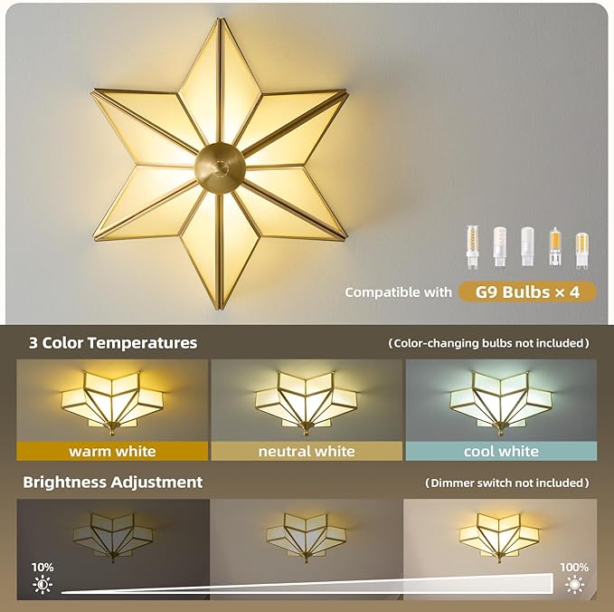 Star Brass Vintage Ceiling Light - 12.2 in Small Milk Glass Antique Brushed Gold Flush Mount Fixture, Mid Century Art Deco Overhead Lighting for Kitchen Hallway Bedroom Bathroom Laundry Entryway Hall