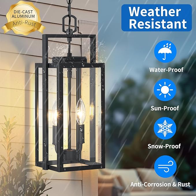 17.8'' Large Outdoor Pendant Light 2-Light, Modern Black Metal Outside Chandelier Exterior Hanging Fixture Ceiling Mount with Clear Glass for Front Porch Entrance Entryway, 1 Pack