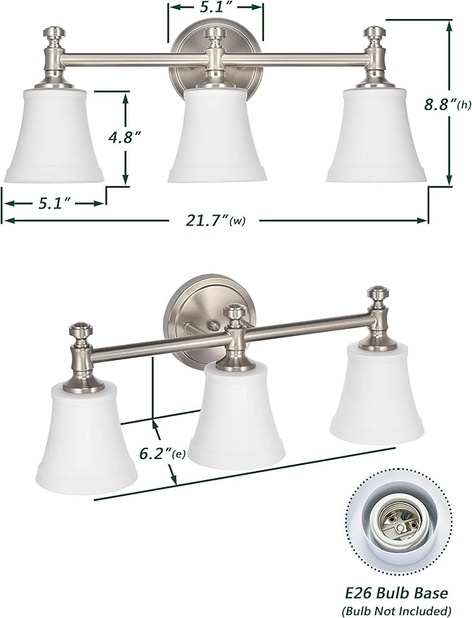Bathroom Vanity Light Fixtures, Traditional Brushed Nickel 3 Lights Wall Sconce Lighting with Opal Glass Shade, Porch Wall Mount Light Fixture for Bathroom, Mirror Cabinets Hallway Stairs