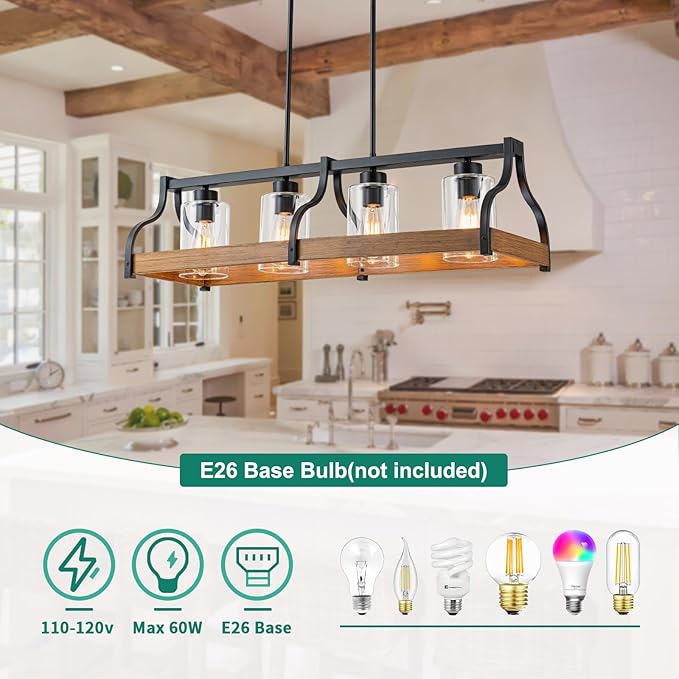 31.5" Farmhouse Chandeliers for Dining Room, 4-Light Kitchen Island Lights for Kitchen with Hand-blown Glass Shade, Faux Wood Black Kitchen Island Lighting Rustic Dining Room Light Fixtures over Table