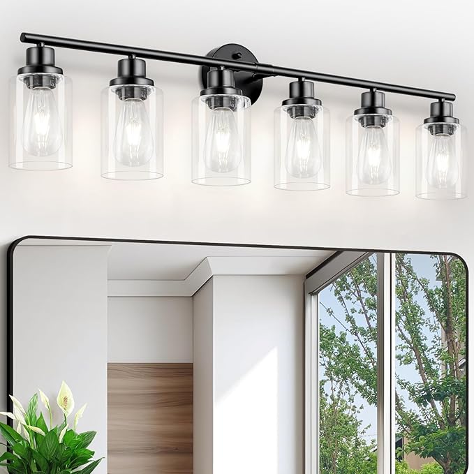 6-Light E26 Black Bathroom Vanity Lights, Modern Bathroom Light Fixtures with Clear Glass Shade, Wall Lamps for Mirror Hallway Kitchen Cabinet Living Room Sconces Lights