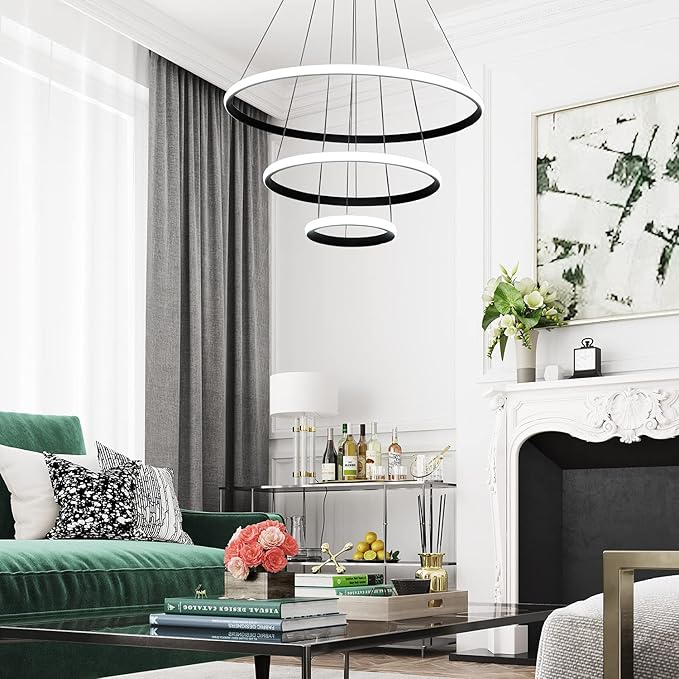 Viruhaka Modern LED Pendant Light, Adjustable Height Circular Entrance Black 3 Ring Circular Chandelier Fixture, Suitable for Restaurants, Kitchens, Islands, Living Rooms, Cafes, Etc. (4000K)