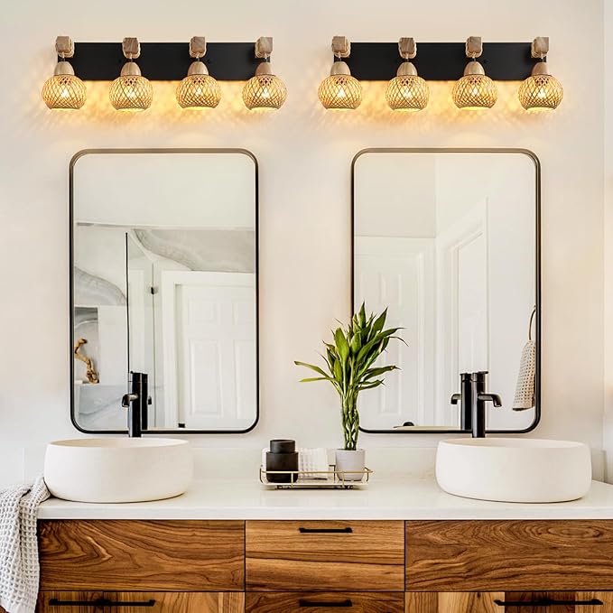 LmnLvn Farmhouse Bathroom Light Fixture, 4-Light Boho Vanity Light, Bamboo Bathroom Light Fixture Over Mirror Rustic Vanity Lighting with Handmade Bamboo Shades, Suit for Restroom, Bedroom, Hallway