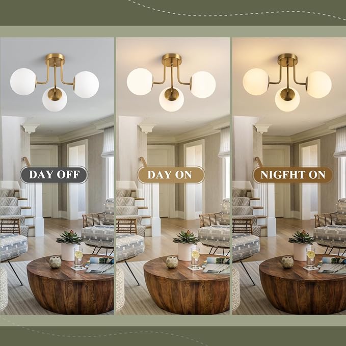 3-Light Frosted Globe Glass Ceiling Lights, Modern Semi Flush Mount Ceiling Light, Gold Sputnik Chandelier Lighting Fixture for Bedroom Living Room Entryway (Bulb Included)