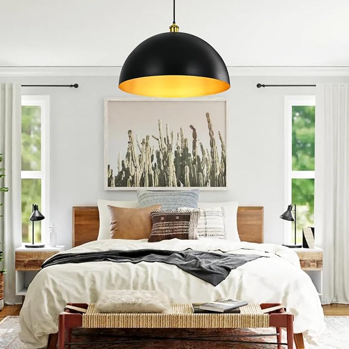 Black-Farmhouse Pendant-Light Hanging-Lamp Fixtures - 20 inch Kitchen Island Pendant Lights Industrial Dome Ceiling Lighting Dining Room Large Vintage Light for Indoor Black and Gold