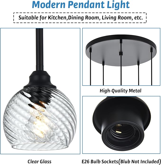 5 Light Cluster Pendant Light with Striped Swirl Globe Glass Black Pendant Lighting for Kitchen Island, Modern Dining Room Light Fixtures Over Table Hanging Ceiling Light, E26 Base