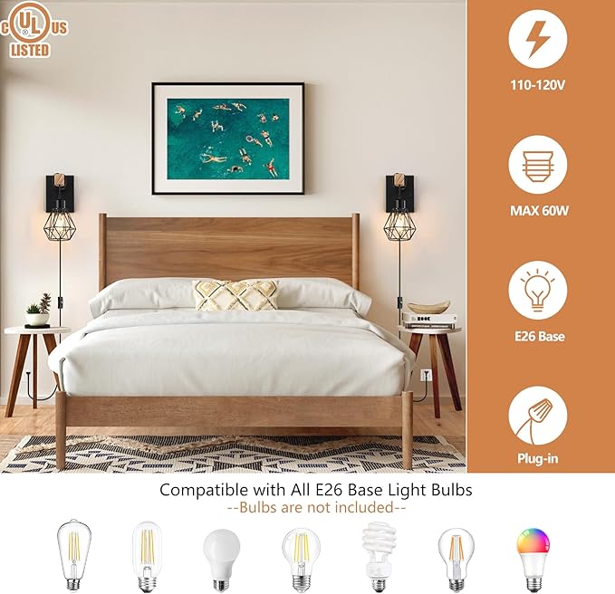 Lomoky Plug in Wall Sconces Set of Two, Vintage Wood Wall Lamps with Plug in Cord, Farmhouse Wall Light Fixture with 5.25FT On/Off Switch Cord, Indoor Sconces Lighting for Bedroom Living Room