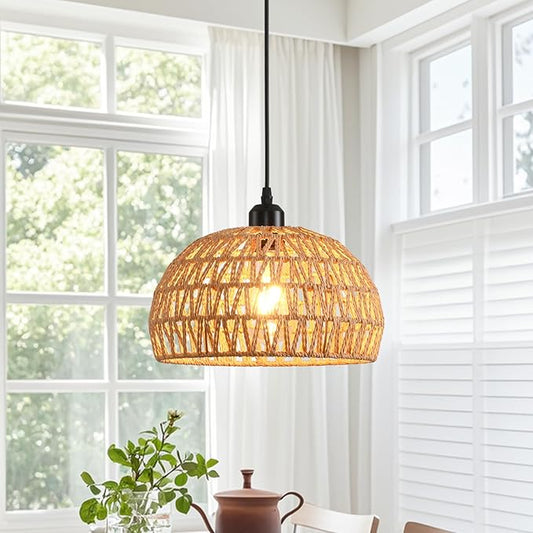 Rattan Pendant Light, Boho Dome Dining Room Chandelier, Brown Woven Kitchen Pendant Lighting over Island, Coastal Wicker Light Pendant Hanging Light Fixture for Nursery Entryway Bedroom, E26 Base