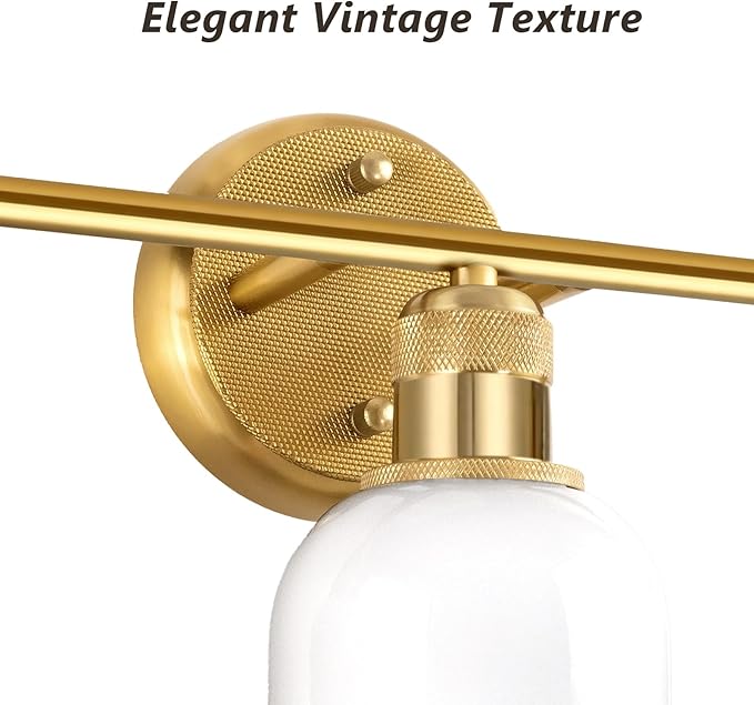 Vintage Gold 3-Light Vanity Light, Wall Light Fixtures with White Glass Shade for Bathroom Mirror Kitchen Living Room Hallway Cabinet Porch