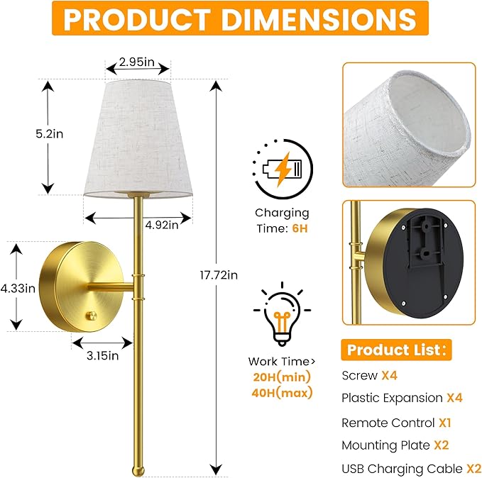 LUTEC Battery Operated Wall Sconce Set of 2,Rechargeable Wall Sconce, 12 Colors Wireless Wall Sconces with 5200mAh RGB Dimmable and Remote,Rechargeable Sconces Decor for Bedroom/Living Room/Hallway