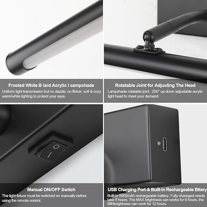 Picture Light for Wall Battery Operated, 20" Rechargeable Art Light with Remote and Timer for Painting, 9000mAh Wireless Wall Light for Display, Artwork, Portrait, Gallery, Black