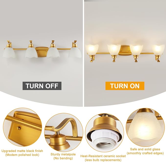 Bathroom Light Fixtures (4-Light, 32 Inch), Brushed Gold Vanity Lights for Bathroom with White Frosted Glass Shade, Modern Vanity Wall Lights for Mirror Bedroom Living Room Kitchen Hallway Porch
