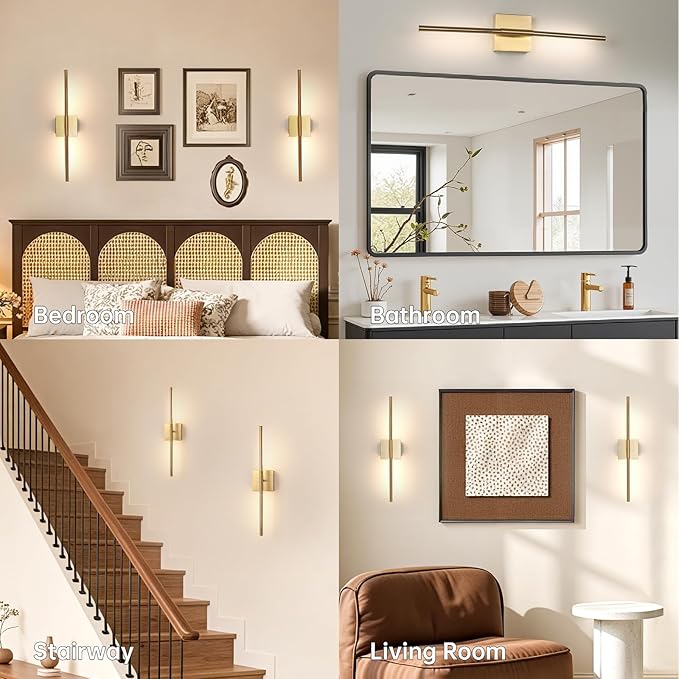 Shenmoyl Battery Operated Wall Sconce Set of 2, 8000mAh Wireless Wall Sconces, 3000K-6000K Dimmable, 350°Rotate, Indoor Wall Lights for Bedroom Living Room Bathroom, Gold, 23.6 Inch