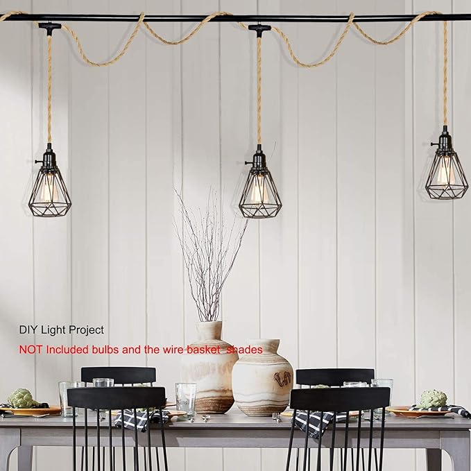 3 Plug-in Pendant Lights Kit - Hemp Rope Cord with Switch, 22 Ft Length, DIY Farmhouse Hanging Lighting Fixture