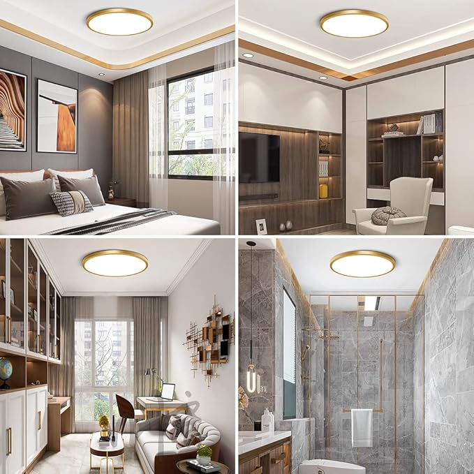 12 Inch Gold LED Ceiling Light Flush Mount, 5000K Daylight White Flat LED Ceiling Light, 24W 3200LM, Round Flat Gold Light Fixture for Bedroom, Kitchen, Hallway (2 Pack)