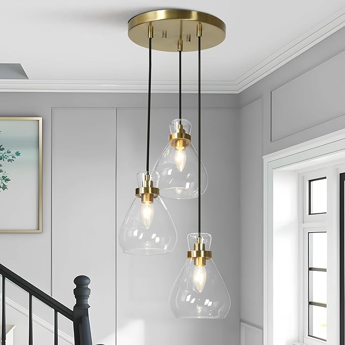 KSANA Modern Gold Pendant Lights, 3 Light Cluster Chandelier Kitchen Island Pendant Lights with Glass Shade Dining Room Chandelier for Hallway Entryway Bedroom Foyer