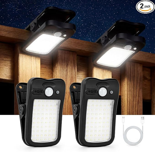 2 Pack Clip On Solar Lights Outdoor, 60 LED 500LM Motion Sensor Clamp Light, USB & Solar Powered Waterproof Security Lights for Fence Gutter Deck Camping, 1-Second Fast Install