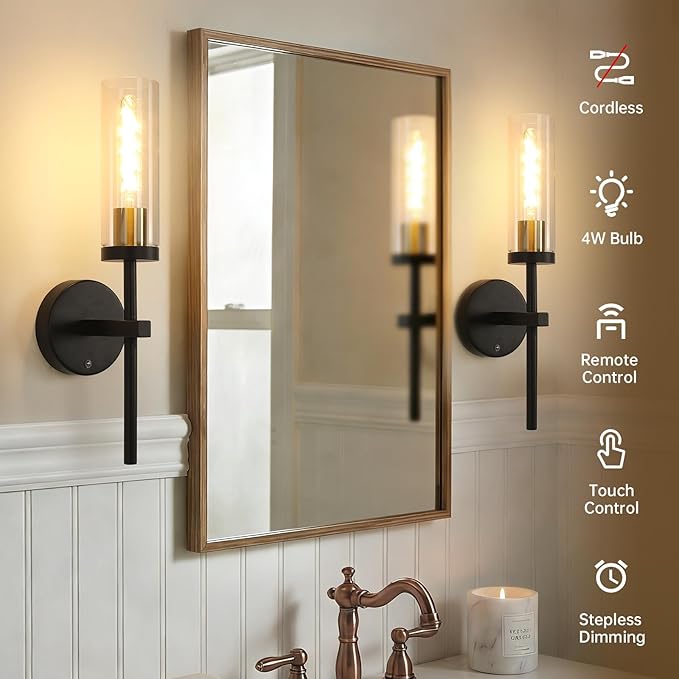 Shenmoyl Battery Operated Wall Sconces Set of 2, Black & Gold Rechargeable Wall Lighting Fixtures, Dimmable Wall Lights with Remote & Clear Glass Shade for Living Room, Bathroom,Bedroom