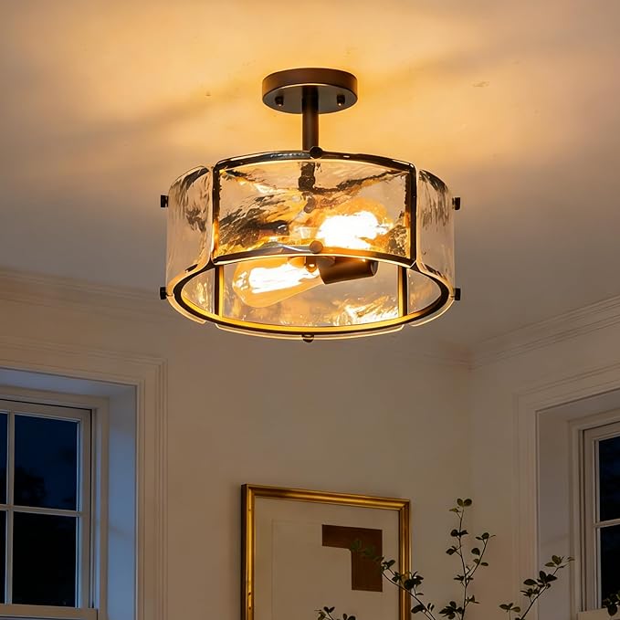 Black Semi Flush Mount Ceiling Light,12.8" Modern Small Dining Room Light Fixture, 2-Light Hammered Glass Farmhouse Ceiling Lights for Hallway Entryway Foyer Bedroom
