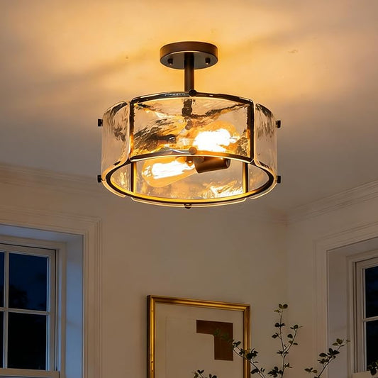 Black Semi Flush Mount Ceiling Light,12.8" Modern Small Dining Room Light Fixture, 2-Light Hammered Glass Farmhouse Ceiling Lights for Hallway Entryway Foyer Bedroom