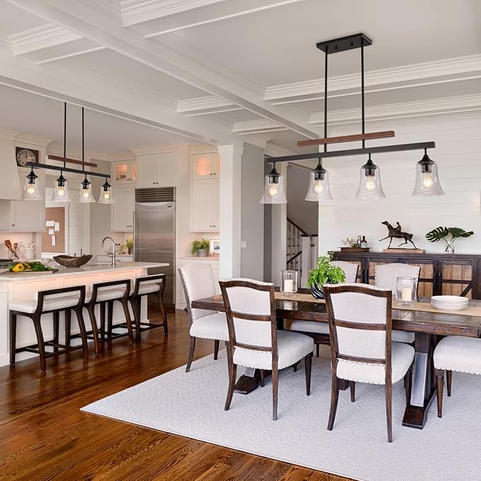 Dining Room Light Fixture 4-Light Kitchen Island Lighting Farmhouse Chandeliers for Dining Room Over Table Wood Chandelier with Glass Black Metal Pendant Light for Kitchen Island Lights