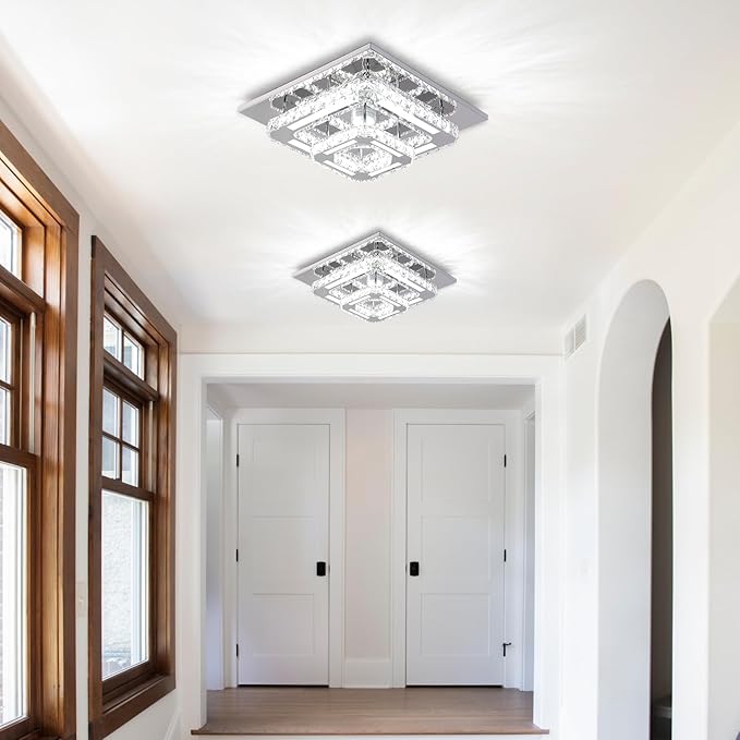 FRIXCHUR Crystal Chandelier LED Crystal Ceiling Light 2 Layers 12 inch Flush Mount Ceiling Light Modern Chandeliers Lighting for Bedroom Hallway Staircase Kitchen Closet (Cool White)