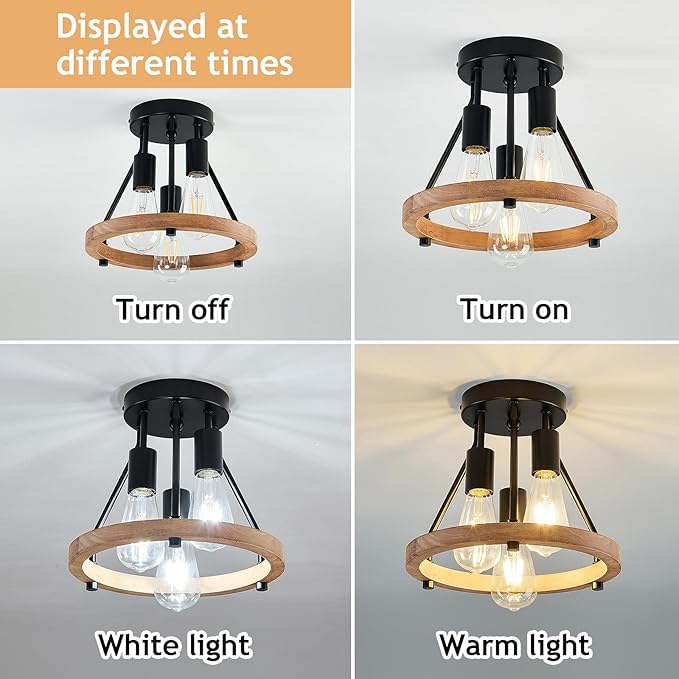 3-Light Wood Semi Flush Mount Ceiling Light Fixture Metal Rustic Ceiling Light Industrial Farmhouse Chandelier for Hallway Entryway Bedroom Kitchen Foyer Passway Balcony