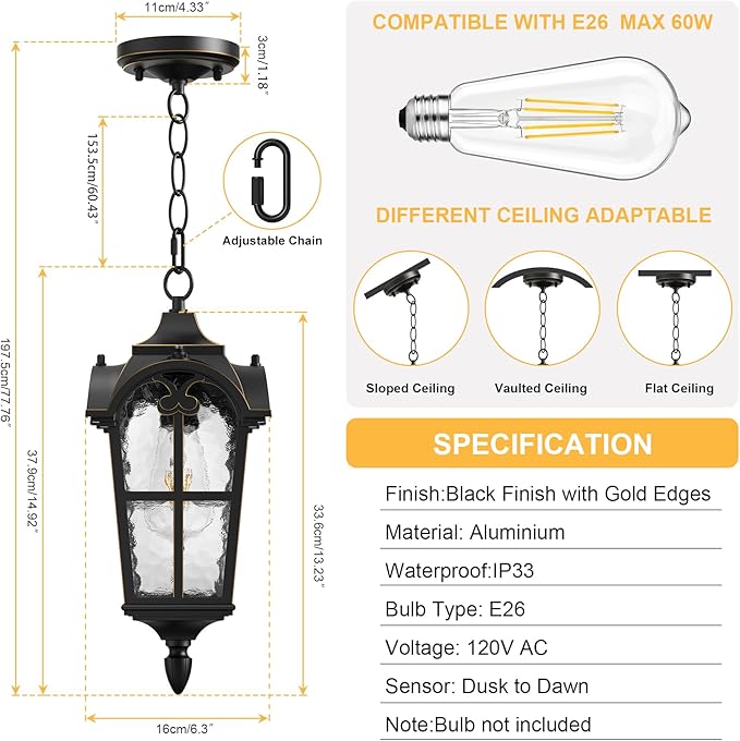 Outdoor Pendant Light Dusk to Dawn for Porch,Anti-Rust Aluminum Outdoor Chandelier, Waterproof Exterior Hanging Lighting Fixtures for Front Door, Gazebo, Black Finish with Gold Edges