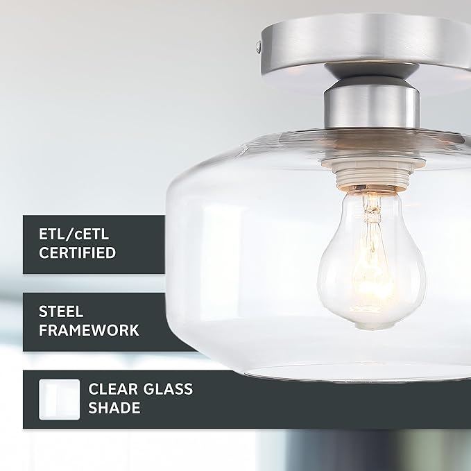 Designers Fountain Semi Flush Mount Ceiling Light, 8.75 Inch Clear Glass Lighting Fixture for Kitchen, Bedroom, Bathroom, and Hallway, Brushed Nickel, D335M-SF-BN
