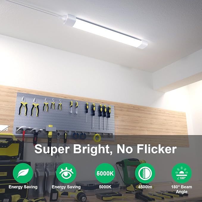 4FT Plug in Light 2PCS, Linkable Shop Lights for Garage, Bright Workbench Light with Cord, 5000K LED Light Bar for Workshop Kitchen Bedroom Bathroom Office Basement, 36W