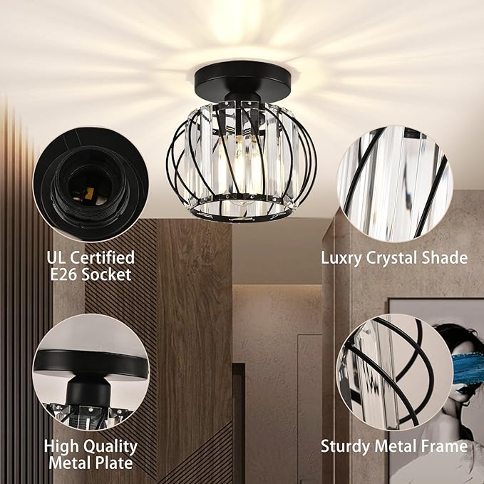Crystal Ceiling Light - Black Crystal Chandelier for Kitchen, Hallway, Entrance, Balcony, Dining, Living, Bar, Farmhouse