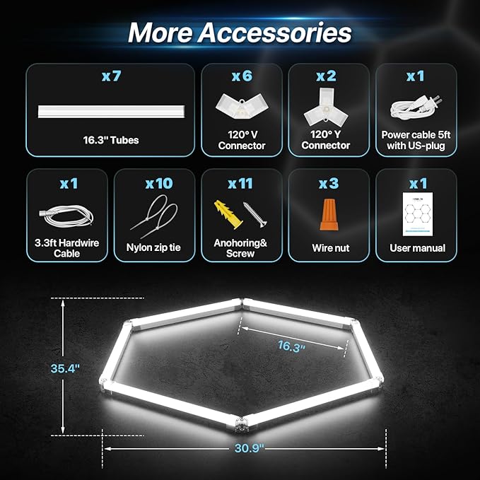 HYPERLITE Gen 2 Hexagon Garage Lights: 42W 4200LM 1 Grids DIY Hexagon Led Light, 6500K Ultra Bright Honeycomb Hex Lights, Easy Install, Durable Design for Garage, Shop, Basement, Barber, Homegym