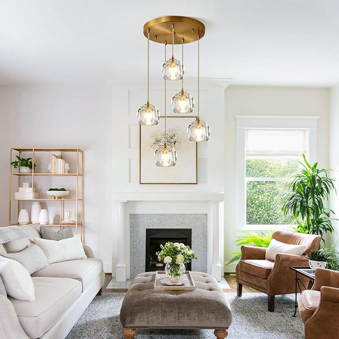 Mid Century 5-Lights Cluster Pendant Lighting Modern Gold Crystal Kitchen Island Pendant Light Multi Light Brass LED Pendant Light Fixture Clear Bubble Round Dining Chandelier