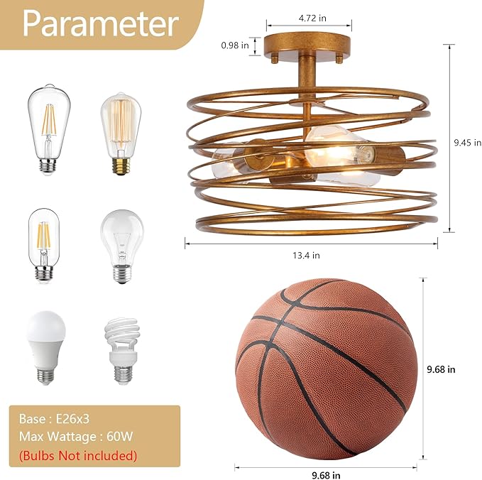 Vintage Gold 3-Light Rustic Drum Semi Flush Ceiling Light Fixture, Retro Farmhouse Chandeliers Metal Cage for Dining Room, Industrial Pendant Light Fixture for Entryway Kitchen Foyer Bedroom