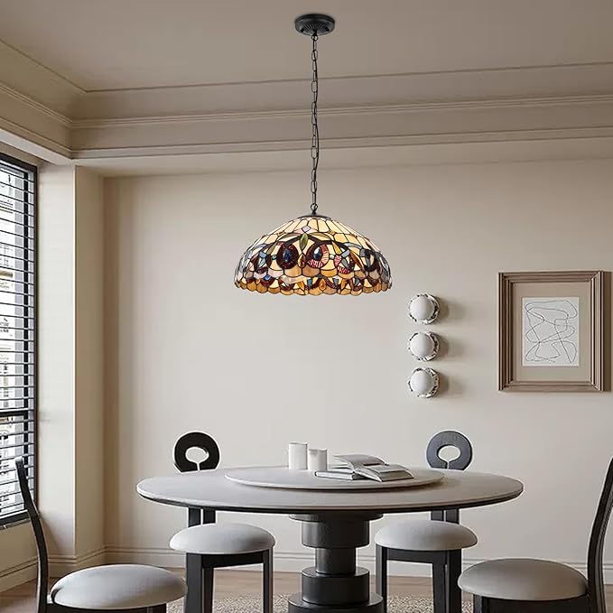 Vintage Pendant Light Fixtures, 16Inch Stained Glass Hanging Lamp 100-240V Antique Style Ceiling Mount Light for Dining Room Living Room Kitchen Entryway-E26