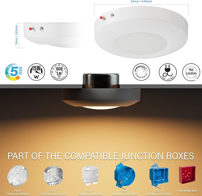 6 Inch LED Emergency Disk Light Kit with Battery Backup, Ceiling Mount Emergency Lights, Dimmable, 120-277V, 15W, 1000lm, CRI90, 5CCT Selectable, ETL & Wet Rated, White, 4 Packs