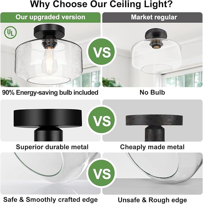 Lynnoland Industrial Semi Flush Mount Ceiling Light (X-Large), Seeded Glass Shade Ceiling Light Fixture, Black Light Fixture for Hallway Bathroom Bedroom, Vintage Hanging Light Fixtures