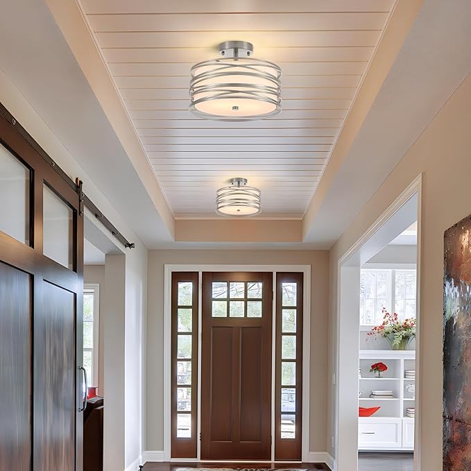 Drum Semi Flush Mount Ceiling Light Fixture, Chrome Matal & Linen Fabric Shade Ceiling Light, Modern Farmhouse Close to Ceiling Light for Bedroom, Hallway, Entryway, Dining Room, Laundry Room