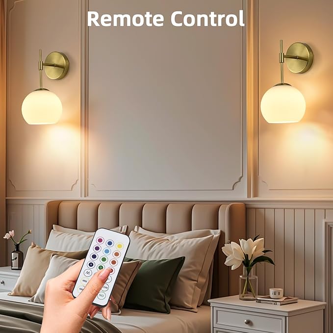 Battery Operated Wall Sconces Set of 2, Rechargeable Wall Lights with Frosted Glass Shade, 12 RGB and 3CCT Dimmable, Wall Lamps with Remote for Bedroom Living Room Hallway, Gold