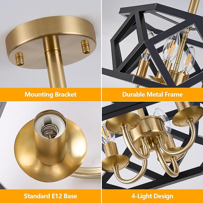 Black and Brushed Gold Semi Flush Mount Ceiling Light, Farmhouse Modern Light Fixture, 4-Light Metal Hallway Ceiling Lamp, Small Chandelier for Foyer Entryway Porch Bedroom Kitchen, E12 Base