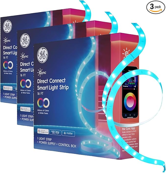 GE Cync Smart LED Strip Light,Color Changing Room Decor LED Light Strip,Works with Alexa and Google Home,Matter Compatible,LED-Lights for Bedroom,Millions of Colors and White Tones,16 Feet,(Pack of 3)