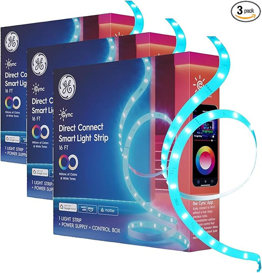 GE Cync Smart LED Strip Light,Color Changing Room Decor LED Light Strip,Works with Alexa and Google Home,Matter Compatible,LED-Lights for Bedroom,Millions of Colors and White Tones,16 Feet,(Pack of 3)