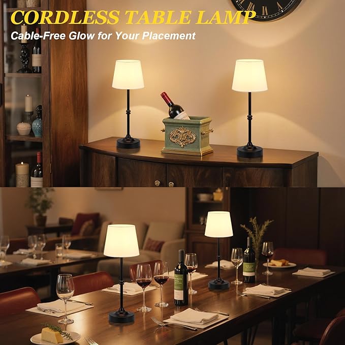 Kakanuo Rechargeable Cordless Table Lamp Black - 2 Pack 4000mAh Battery Operated Lamp, 3000K Warm Light, Touch Control Stepless Dimming, for Bedside, Dining Table, Home Decor