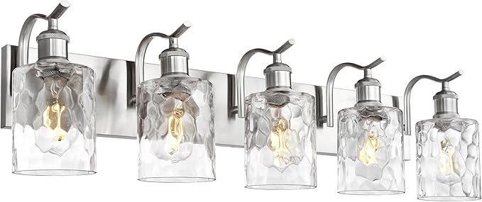 Bathroom Vanity Light Fixtures Over Mirror 5-Light Hammered Glass Wall Mounted Modern Brushed Nickel - VL01BNH-5