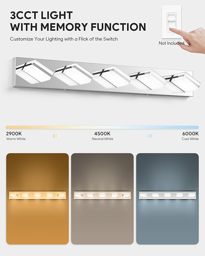 VONLUCE Bathroom Vanity Light Fixture, 5-Light Modern LED Vanity Light, 3CCT Adjustable Bathroom Lights with Memory Function Rotatable Shades, 34" Wall Lighting Fixture Over Mirror, Chrome